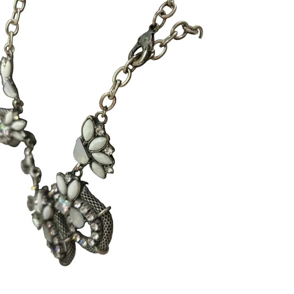 Silver Tone White Cabochon Rhinestone Bib Statement Necklace 21 Inch Adjustable